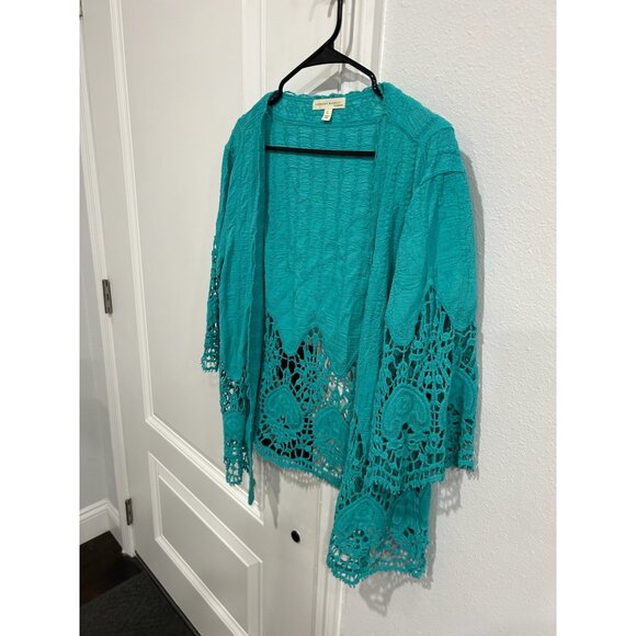 Farmers Market By Oneworld Lace Trim Open Front Cardigan Teal Sz Large Crinkle - Picture 3 of 10